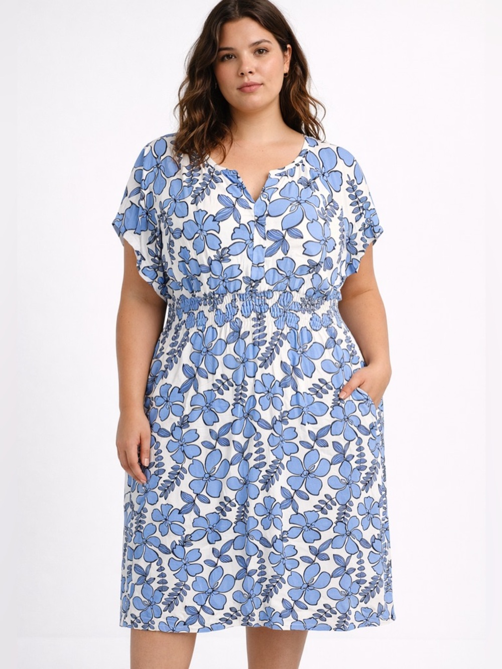 Nicole Miller New York Tropical Floral Midi Dress Pockets Blue White Plus 1X NWT